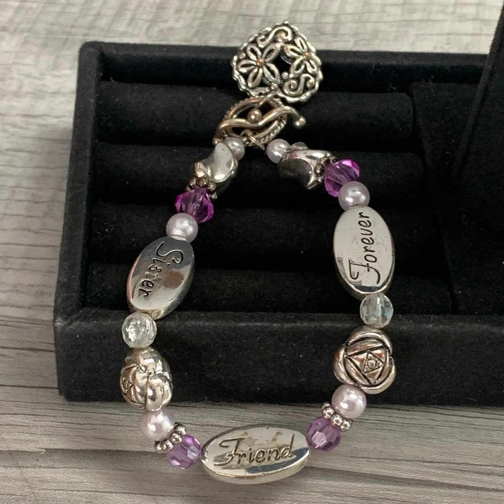Sister Friend Forever Beaded Charm Bracelet Purple Crystals Pearls Heart Toggle